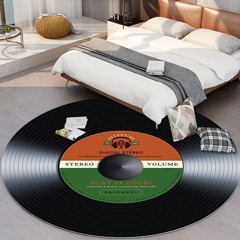 Music CD Rug Black Fashion Vinyl Record Pattern Floor Mat Round Area Rug for Bedroom Living Room Study Playing 6ft Non-Slip Floor Mat Carpet Home Decor Rugs