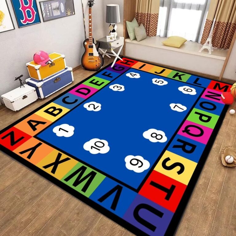 Blue Alphabet Sheet,6x9ft Numbers Learning Rugs,Kids Room Rug,Game Shaped Rug,Soft Living Room Study Rugs,Non-Slip Bedroom Play Carpet,Machine Washable Kindergarten Classroom Mat,Rectangular