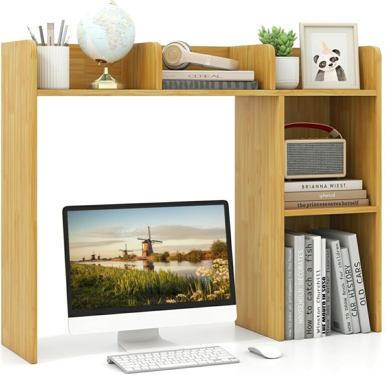 MAT EXPERT Desk Organizer, Wooden Desktop Shelf for 27 Inch Monitor with 5 Shelves & Non-Slip Foot Pads, Anti-Tipping Device, Multipurpose Desk Hutch for Study, Office, Dorm (Oak)