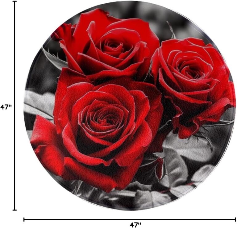 Red Rose Round Rug Flower Print Memory Foam Bathroom and Door Mat Anti-Slip Study Room Decor Bath Mat Comfortable Retro Romantic Flannel Bathroom Carpet Bed Rugs 3′ 11″‌