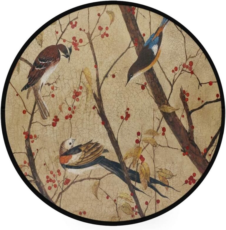 ALAZA Vintage Colorful Birds with Red Berries Non-Slip Round Area Rug for Bedroom Living Room Study Playing Floor Mat Carpet, 3′ Diameter