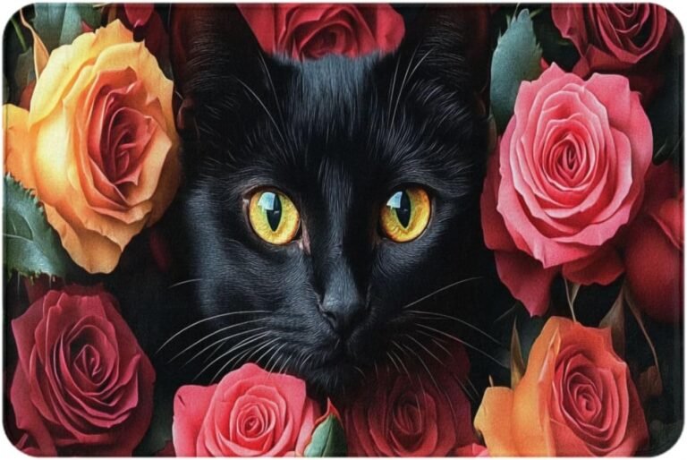 Mat for Door Rose Black Cat,Vibrant Colors Creative Floor Mat,Flannel Material,Funny Housewarming Gift,for Living Room,Lounge,Bedroom,Study Decoration Rug,17×30 inch