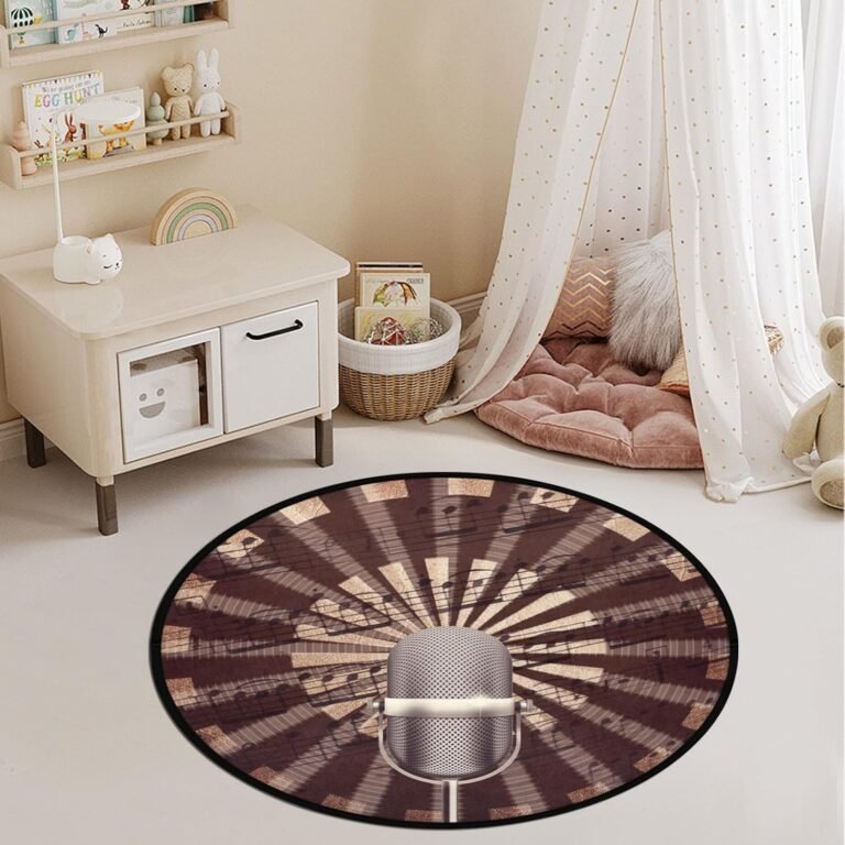 susiyo Microphone with Notes Round Rugs 3 Feet Collection Circle Area Rug for Living Room Non Slip Soft Modern Abstract Floor Mat Carpets for Bedroom Kids Rooms Children Playroom