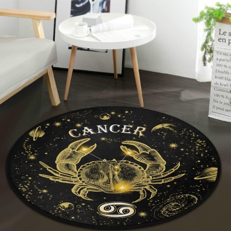 Constellation Cancer Round Area Rug or Bedroom Living Room Study Playing，Black and Gold Zodiac Tarot Card Non-Slip Floor Mat Carpet 3′ x 3′ Round