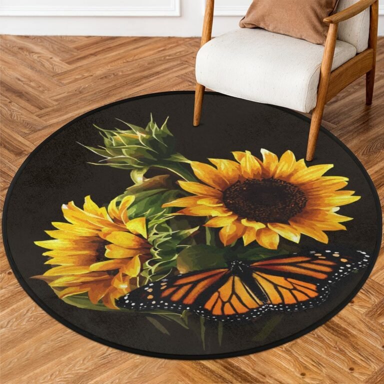Butterfly Sunflower Round Area Rug, Sunflower Pattern Non-Slip Circle Rug for Bedroom Living Room Outdoor Study Playing Floor Mat Carpet, 5.2′ Diameter