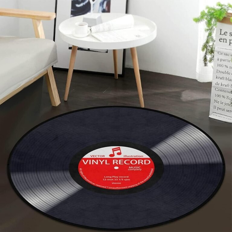 keepcute Music Record Black Round Area Rug for Bedroom Living Room Study Playing Non-Slip Floor Mat Carpet Home Decor Rugs, 6′ x 6′ Round