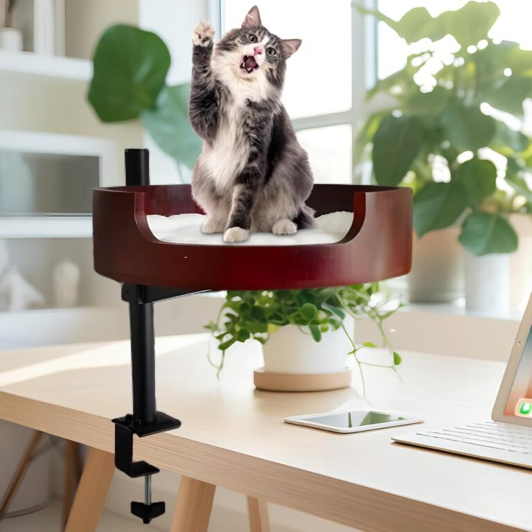 Cat Desk Bed- Adjustable Wooden Cat Bed for Home Office and Study Rooms, Desktop Kitten Furniture Attachment with Pet Mat, Ball, Mouse (Large)