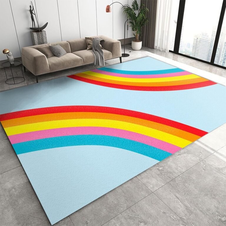 Nordic Colorful Rainbow Classroom Area Rug, 3×5 Pastel Blue Washable Rug, Non Slip Low Pile Non-Shedding Bedroom Decor Mat for Living Room Kids Bedroom Entryway Hallway Playroom Study Room