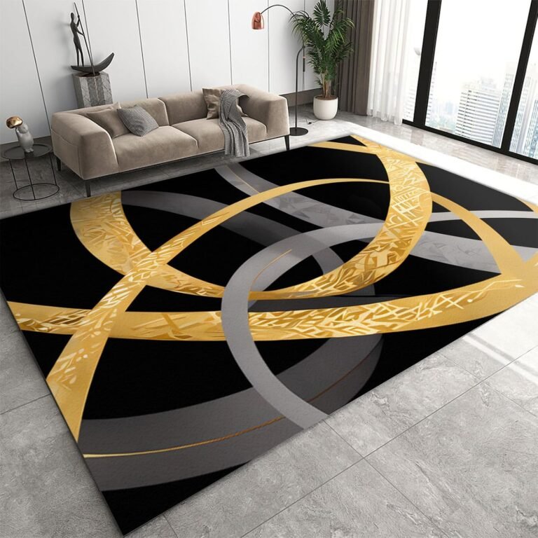 Black and Gold Geometric Lines Area Rug, Abstract Gray Irregular Curved Lines Indoor Non Slip Bedroom Rug, Machine Washable Carpet for Living Room Study Dining Room Floor Mat – 5 ft x 7 ft
