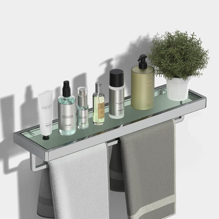 Bathroom Shelves Glass Bathroom Shelf with Towel Bar, Floating Shelves for Living Room/Study Room Tempered Glass Rectangular 1 Tier Organizer Wall Shelf (Chrome Polished, 20”)