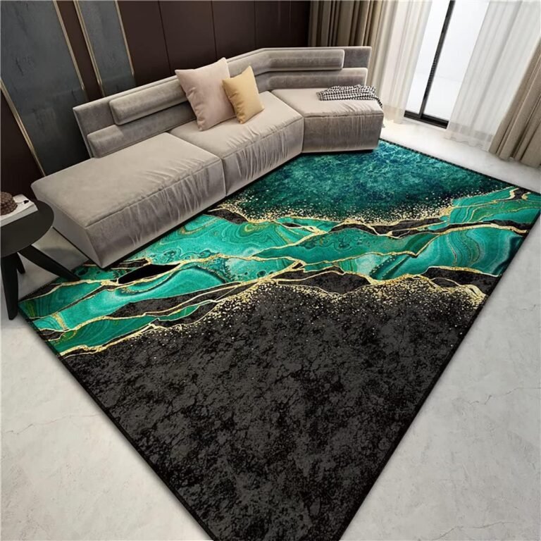 Emerald Green Black Abstract Marble Area Rugs Modern Glitter Swirl Throw Rugs for Study Room Home Office Low Pile Floor Mat Carpets,4’x6′