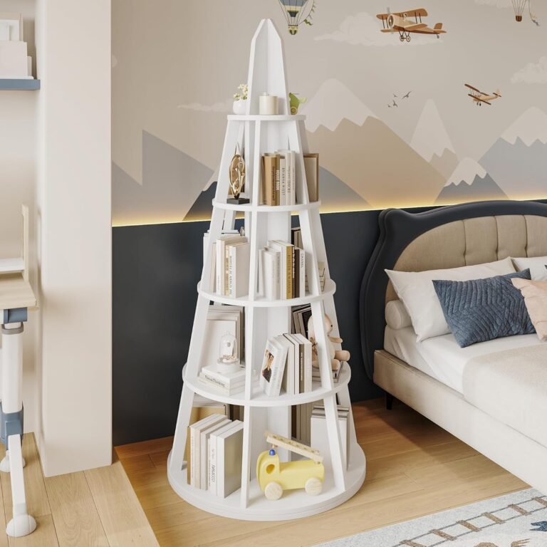 5 Tier Rotating Bookshelf, 360 Display 71 Inch Spinning Bookshelf Tower, Round Revolving Bookcase, Wood Book Shelf Organizer for Bedroom, Study Room, Kid Room, Living Room (White)