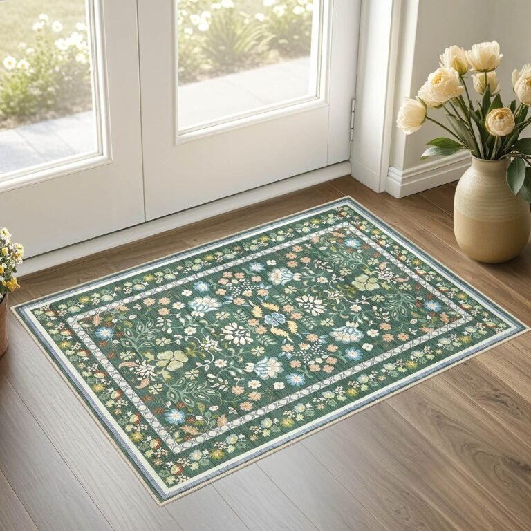 Door Mat Entrance Rug: 2×3 Washable Area Rug Boho Floral Small Rug – Non-Slip Low Pile Throw Indoor Carpet for Entryway Kitchen Front Door Bathroom Entry Kids Room – Green