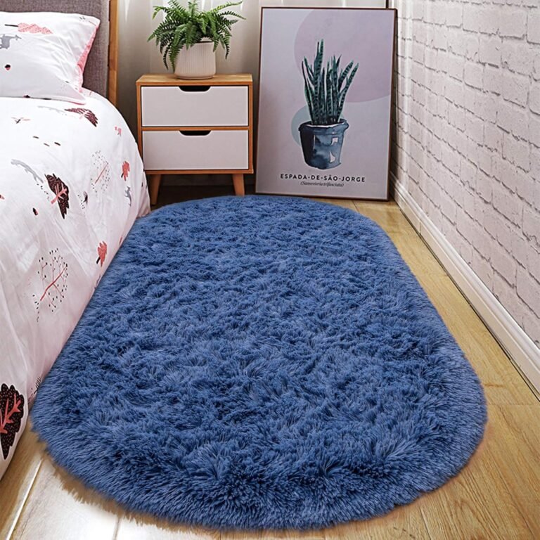 junovo Washable, Non-Slip Area Rug,Oval Fluffy Ultra Soft Area Rugs for Bedroom Plush Shaggy Carpet for Kids Room Bedside Nursery Mats, 2.6 x 5.3ft, Navy Blue