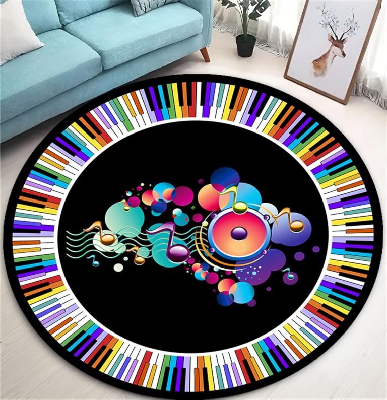 Music Round Area Rug,3ft,Colored Piano Keys Piano Rug Music Note Area Rug,Non-Slip Music Classroom Decor Round Music-Themed Carpet Chair Mat,for Living Room Study Playing Floor Mat Carpet