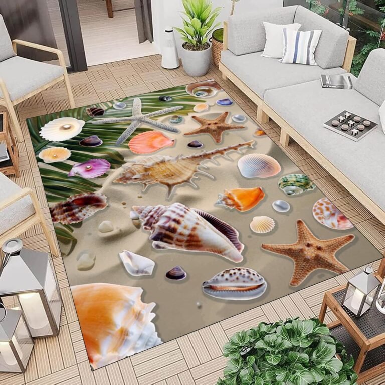 Coastal Beach Theme Area Rug, 4x6ft Various Marine Life Carpet, Soft Non-Slip Foldable Indoor Carpet, Washable Starfish Shells Ocean Rugs, for Living Room Bedroom Study Room Large Mats.