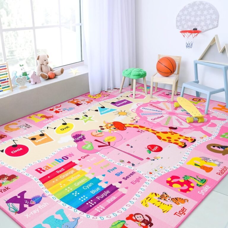Chicrug Educational Kid Area Rug for Playroom, 4×6 Feet TPR Non Slip Kids Classroom Carpet Rug for Learning ABC Animal, Shape Color Fruit, Washable Play Mat Rug for Children Nursery Toddler Room Decor