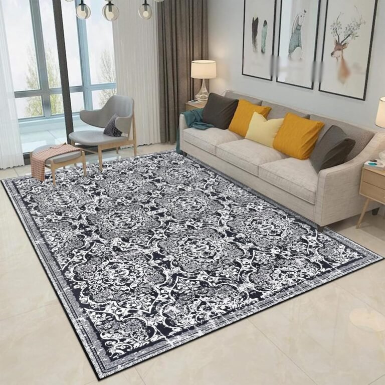 Vaukki Living Room Rug, Vintage Shaggy Soft Laundry Rug, Non Slip Kitchen Area Mat, Washable Farmhouse Bedroom Area Carpet for Bathroom, Kitchen and Kidsroom (5’x7′, Black)