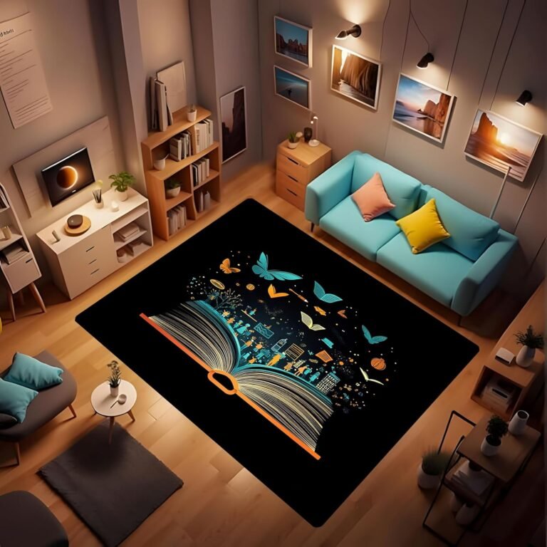 Simple Printed Carpet, Cartoon Book Butterfly Elements, Non-Slip Welcome Entrance Carpet, Floor Entrance Decoration, Suitable for Bedroom Living Room Study Yoga mat, Black 60x80inch