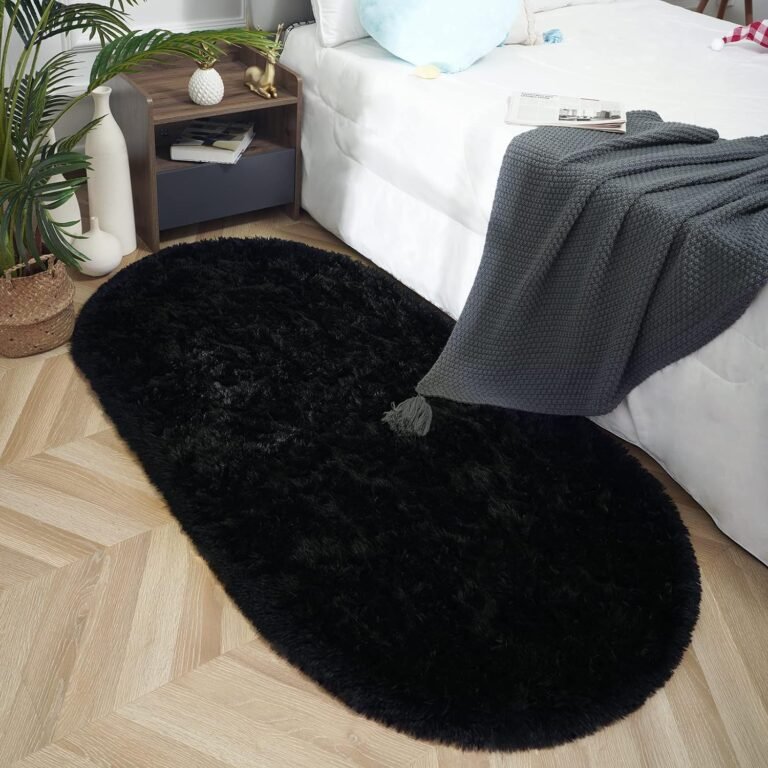 ISEAU Oval Fluffy Carpet, Modern Plush Shaggy Area Rug for Kids Bedroom, Extra Comfy Cute Nursery Bedside Mat for Boys Girls Room Home Decor, 2.6 x 5.3ft, Black