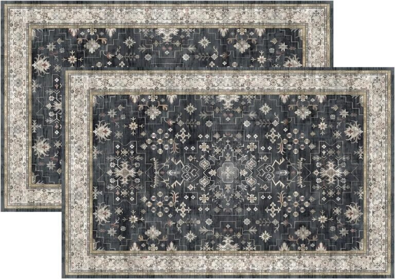 2 Pcs Black Boho Washable Entry Rug, 18″ x 30″Small Rugs for Entryway Kitchen Bathroom Door Mat Indoor Entrance, Non Slip Rubber Backing, Stain & Fade Resistant, Ashen Charcoal Floral Design(Ashen)