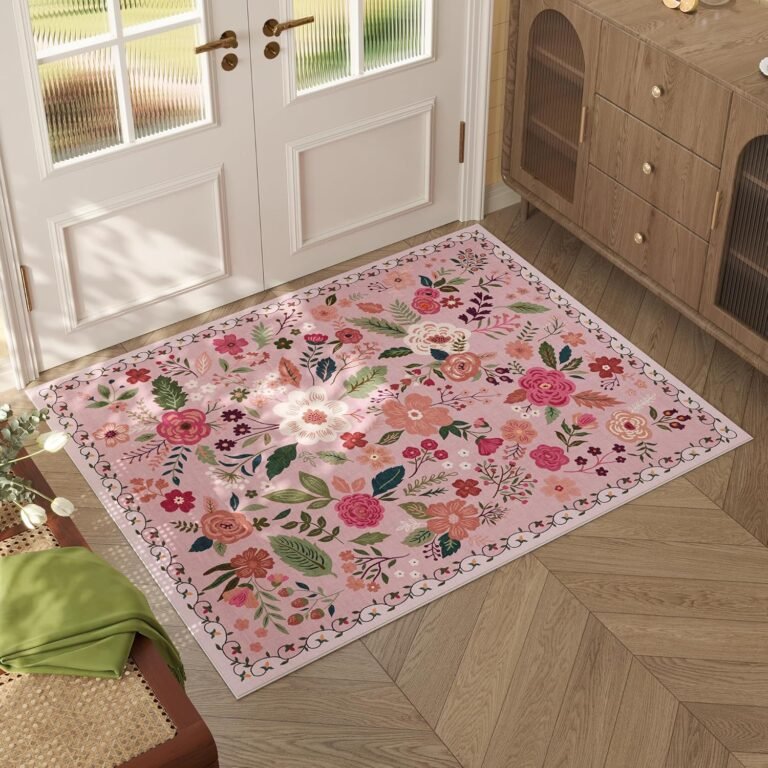 Door Mat Indoor Entrance 2×3 Rug Machine Washable Boho Floral Small Area Rug Non-Slip Low Pile Throw Rugs for Entryway, Kitchen, Front Door Indoor Entrance, Entry, Kids Room (Pink)