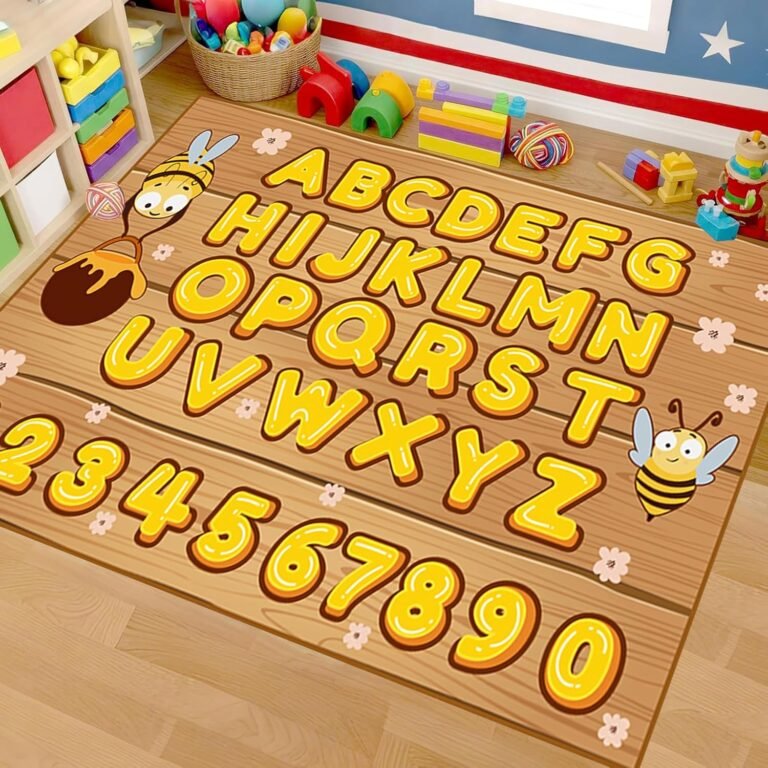 Yellow Bee Rugs for Kids Bedroom, 4x5ft, Wood Grain Cute Little Bee Daisy Honey Yellow Number Alphabet ABC Area Rug, Soft Fade Resistant Floor Mat for Classroom Play Room Study