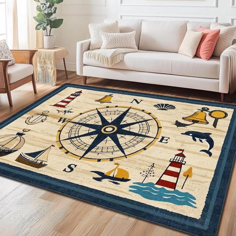 Retro Nautical Compass Area Rug 4x6ft,Brown Nautical Theme Washable Rugs,Sailboat Lighthouse Printed Non Slip Kitchen Floor Mat,Soft Low Pile Carpet for Bedroom Dining Room Office Entryway