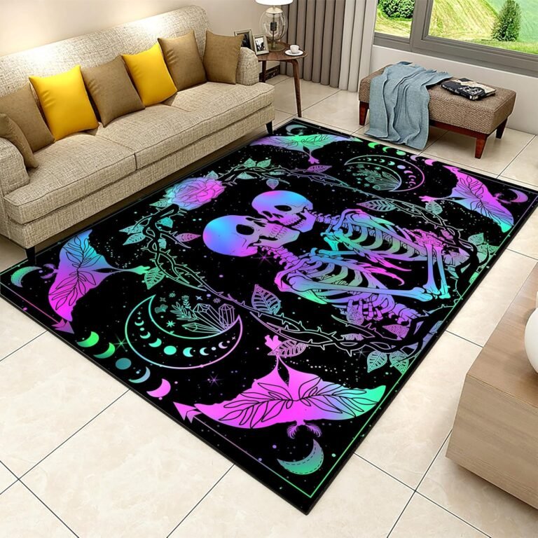 Skeleton Couple Area Carpets, 4x5ft, Fluorescent Gothic Moth Living Room Rug, Moon Rose Fade Resistant Washable Rugs, Floor Decor Thin Low Pile Non-Shedding Mat for Study Room Dorm