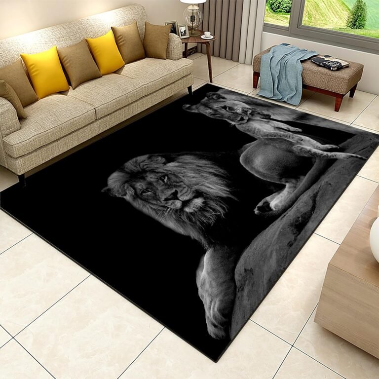 Lion Area Rug for Living Room, 3x5ft, Black Lion Family Runner Rugs, Wildlife Print Washable Home Decor Mats, Cozy Low Pile No Crease Washable Carpet for Study Room Family Floor