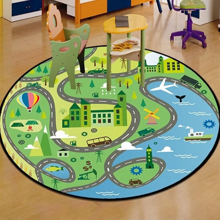 Car Road Rug for Study Room Non-Slip Map Town City Life Round Carpet for Boys Toys Car Colorful Game Playmat Carpet Baby Crawling Mats 3ft