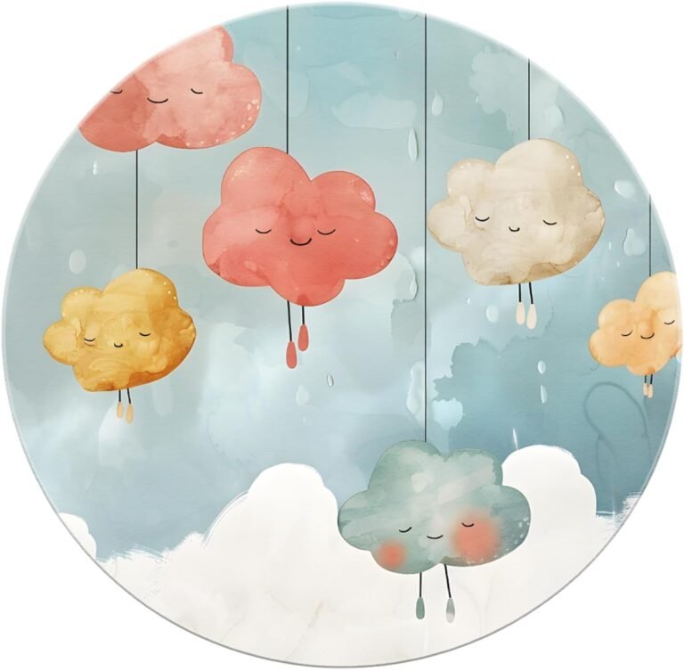 Cartoon Round Rugs 8’Round – Colourful Cute Clouds Washable Non Slip Door Mat for Entryway Study Room Living Room Hotel Classroom Guest Room
