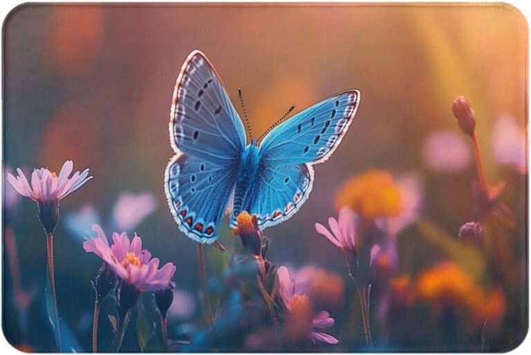Spring Doormat, Blue Butterfly On Flowers, Vibrant Design, Indoor Welcome Mat, Non-Slip, Suitable for Office, Study, Living Room Floor Decoration 17×30 Inch Flannel Floormat