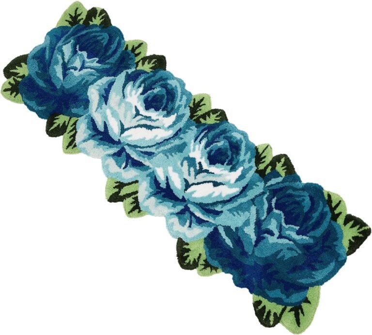 Bath Rug Large Flower Rose Rug Mat Washable Non Slip Floral Mat Floor Reuse Carpet-65 * 23.6 in for Living Room, Bedroom, Toilet, Coffee Table, Study Room, Computer Desk (Blue and Green)