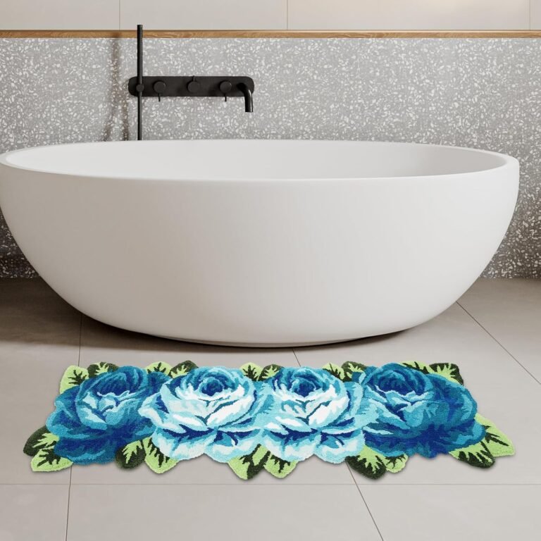 4 Rose Flower Rug Mat, Handmade Rug Anti-Slip Modern Carpet Washable Floor Mats for Bedroom, Sofa, Bathroom, Coffee Table, Study Room, Computer Desk (4 Roses Runner, Blue&Green)