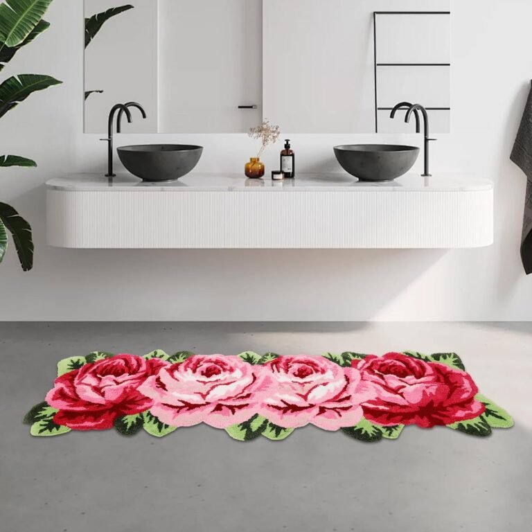 4 Rose Flower Rug Mat, Handmade Rug Anti-Slip Modern Carpet Washable Floor Mats for Bedroom, Sofa, Bathroom, Coffee Table, Study Room, Computer Desk (4 Roses Runner, Pink&Green)