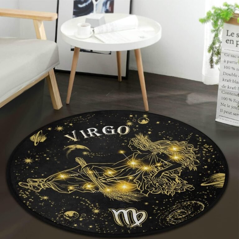 keepcute Constellation Virgo Round Area Rug or Bedroom Living Room Study Playing，Black and Gold Zodiac Tarot Card Non-Slip Floor Mat Carpet3′ x 3′ Round
