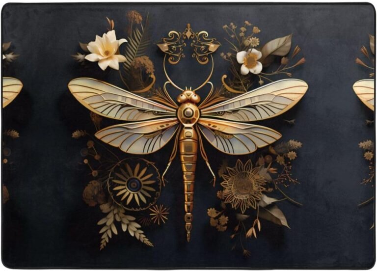 Gold Exquisite Dragonfly Flannel Floor mat (80×58 inches), Bedroom Carpet, Living Room and Study Decoration mat