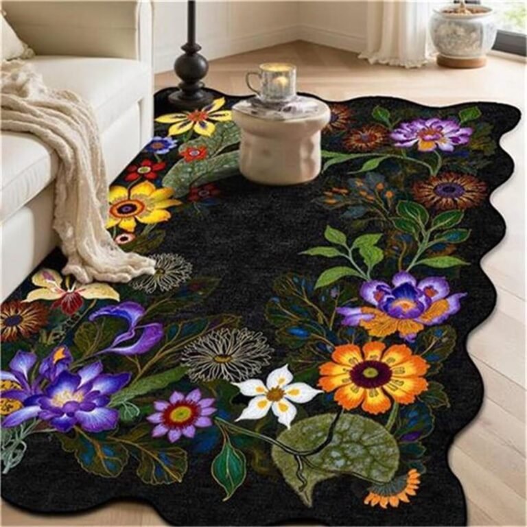Washable Floral Area Rug 4by6ft Black Scalloped Flower Floor Mat for Bedroom Living Room Study Room Laundry Playroom Farmhouse Indoor Carpet