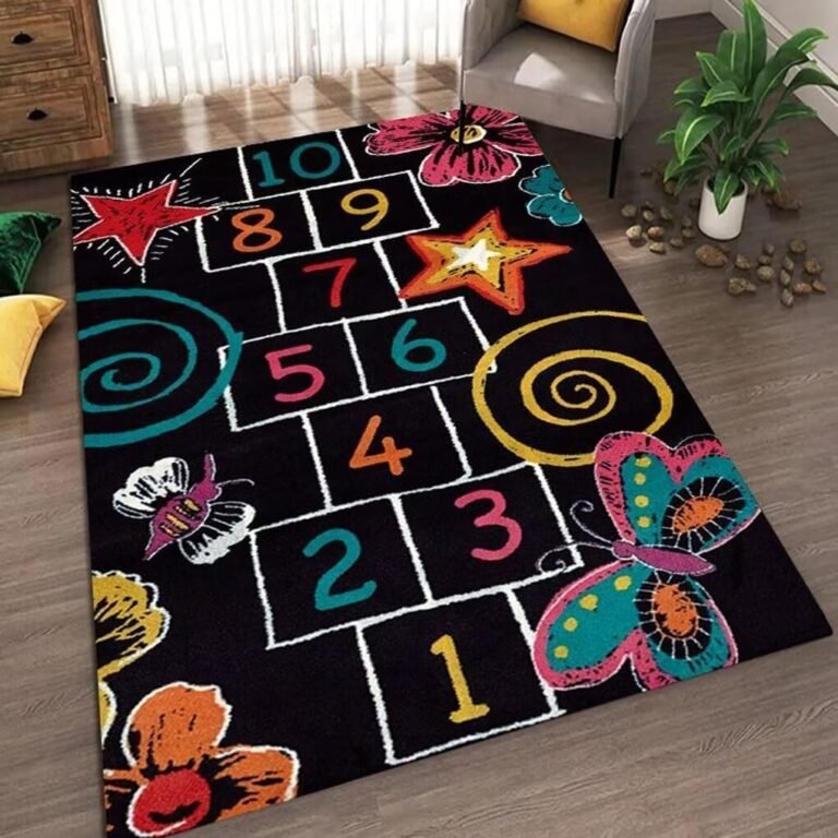 Black Hopscotch Rug for Study Room Non-Slip Colorful Number Symbol Carpet for Girls Abstract Butterfly Floor Mat Learning Educational Rugs 3’x5′