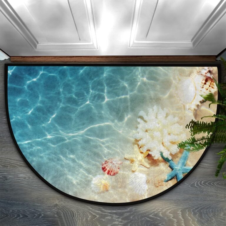 Ocean Beach Half Round Door Mat – Non-Slip Washable Half Circle Area Rug, Durable & Absorbent Half Moon Rugs for Outdoor and Indoor Home Entrance, Bedroom, Living Room, Dorm, Bathroom, Kitchen Mats