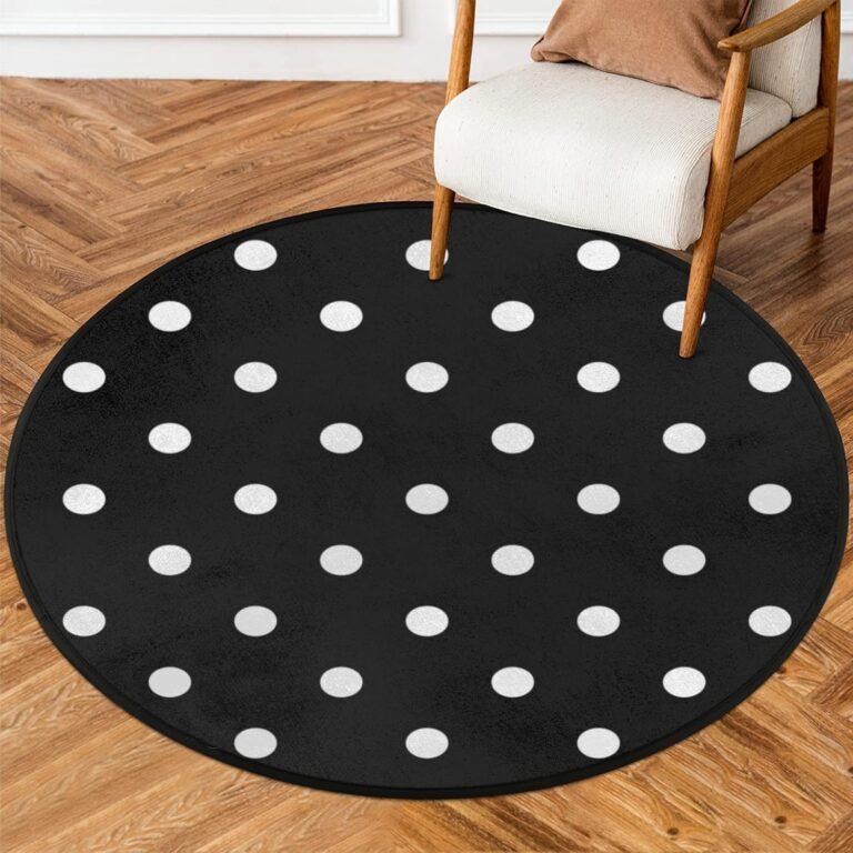 White Black Polka Dot Round Area Rug, Polka Dot Non-Slip Circle Rug for Bedroom Living Room Outdoor Study Playing Floor Mat Carpet, 5.2′ Diameter