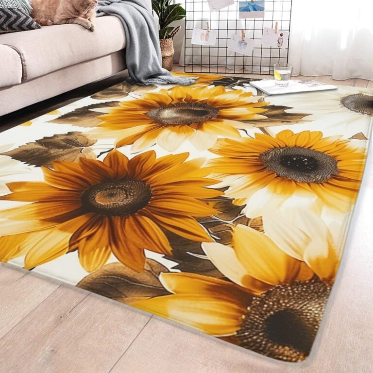 Living Room Hallway Area Rug – Modern Floral Rug, Sunflower Vintage Style Rugs Yellow Flowers Washable Rug for Farmhouse Home Decor, Bedroom and Study Carpet, Non-Slip Indoor Floor mat 24x36inch