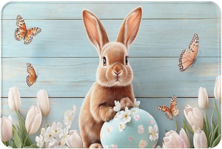 Bunny with Colored Eggs Mat for Door,Easter Style,Easy to Clean,Non-Slip Dirt Resist,Indoor Home Decor for Living Room,Office,Bedroom,Study Decor, 16×24 inch