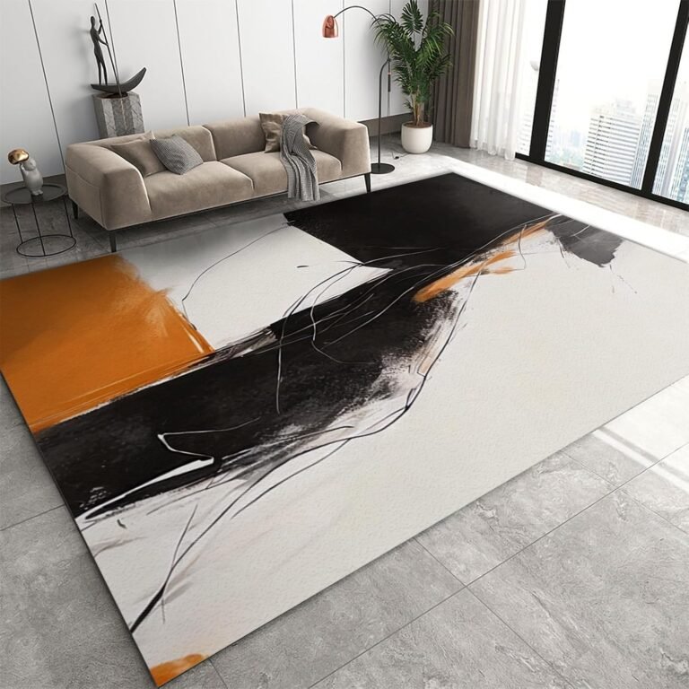 Nordic Black Orange White Area Rug, Boho Irregular Abstract Indoor Non Slip Living Room Rug, Low Pile Foldable Decor Carpet for Bedroom Study Office Floor Mat – 2 ft x 3 ft