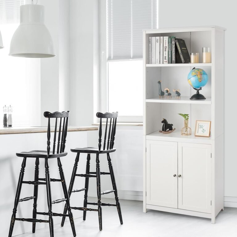 MAT EXPERT 3-Tier Bookshelf, Wooden Display Cabinet with Open Adjustable Shelves & 2-Door Storage Cabinet, Anti-tippling Device, Freestanding Tall Bookcase for Living Room, Study, Home, Office (White)