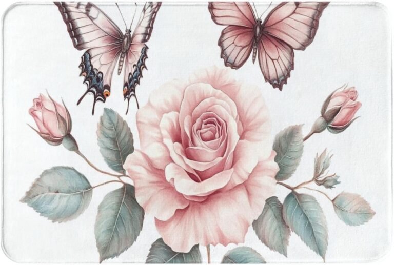 Butterfly Theme Carpet, Charm Pinks Flowers, Simple Style Doormat, Water-Absorbent, Non-Slip, Easy to Clean, Indoor Living Room, Study, Office Welcome Mat 17×30 Inch Flannel Floormat