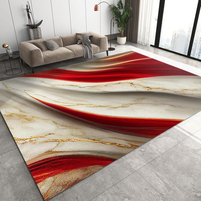 Nordic Luxury Art Living Room Rugs, Abstract Rred and White Gold Marble Area Rugs, Anti-Slip Easy Clean Washable Foldable Floor Mat for Family Sofa Bedroom Entryway Hallway Study Room,5x6ft