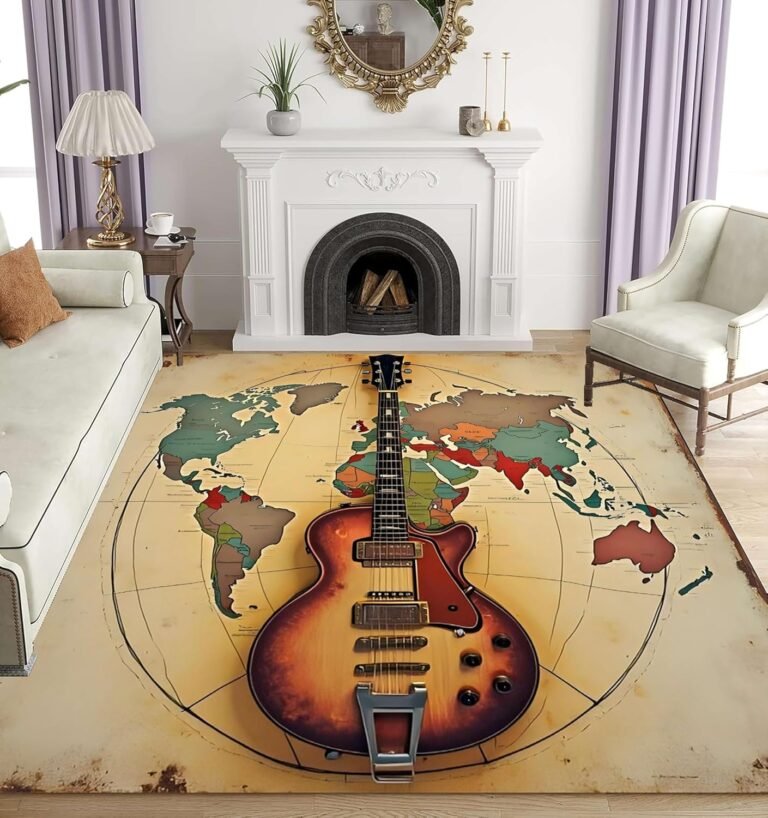Guitar Living Room Area Rug, 4x5ft, Vintage Distressed Style World Map Music Guitar Rug, Indoor Soft Non-Slip Noise Reduction Washable Carpet Floor Mat for Bedroom Study Office Dormitory