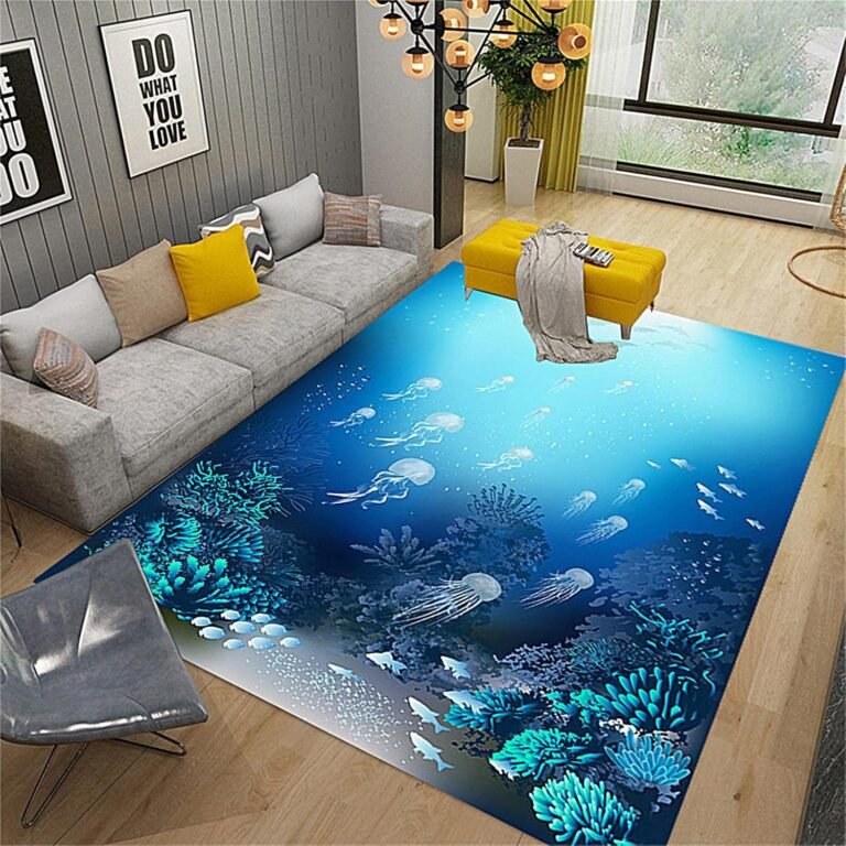 Underwater World Area Rug, 5x6ft, Cute Blue Ocean Tropical Jellyfish Fish School Coral Carpets Blue White Floor Mat with Non-Slip Backing for Kids Boys Girls Bedroom Living Dining Room Study